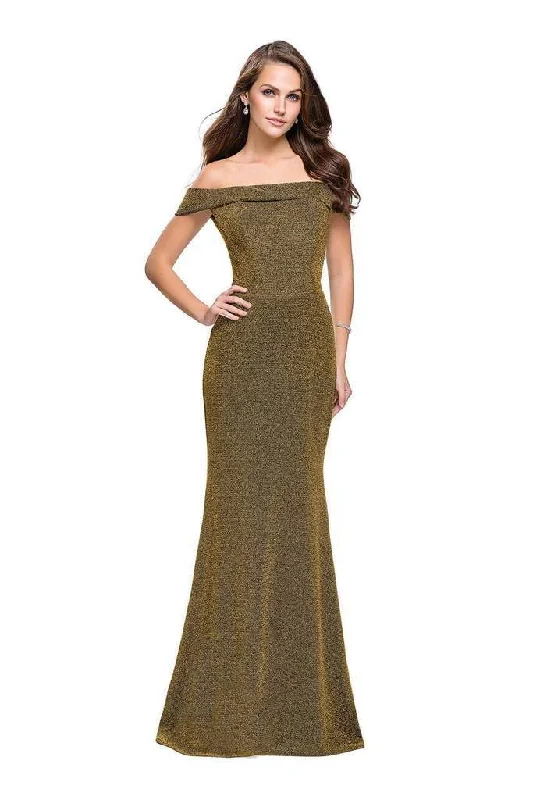 La Femme Off Shoulder Folded Sparkle Jersey Gown 25444 Asymmetrical Jersey Blouse