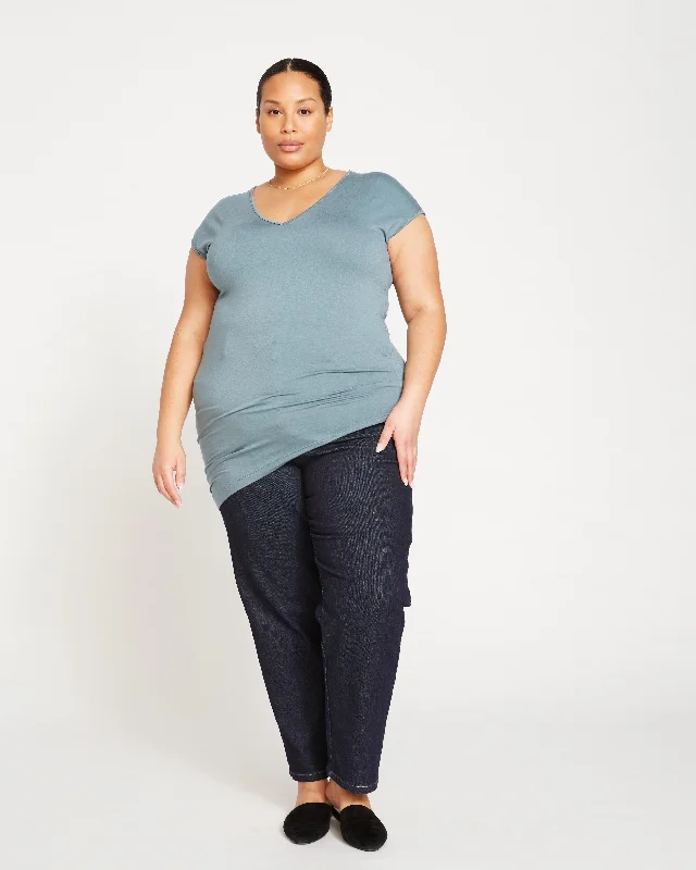 Liquid Jersey V-Neck Genevette Top - Storm Navy Blue Jersey Tee