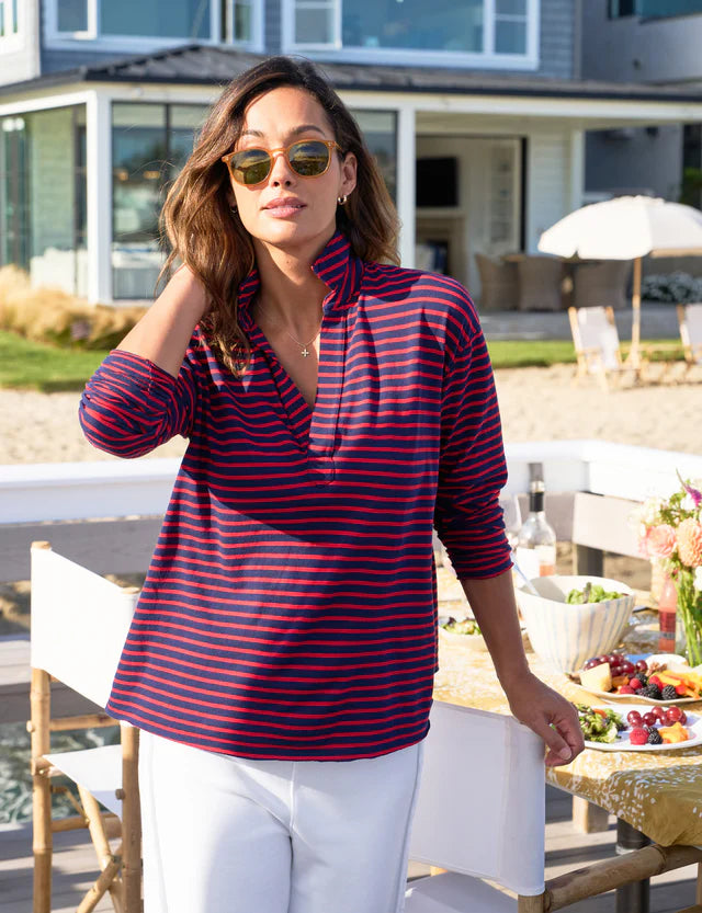 Patrick Heritage Jersey Popover Henley in Red and Navy French Stripe Sophisticated Jersey Tee