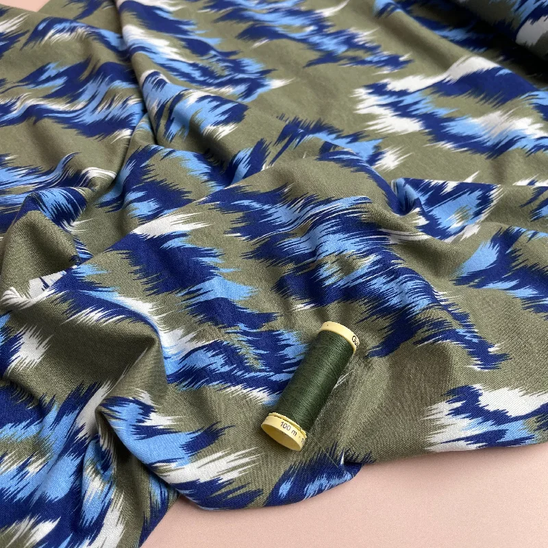 REMNANT 1.6 Metres - Painted Chevrons Khaki & Blue Viscose Jersey Fabric Limited Edition Jersey Tee